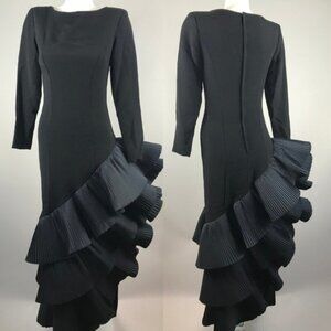Vintage Victor Costa 1980's Black Party Dress Gown Asymmetrical Ruffles Sz 16